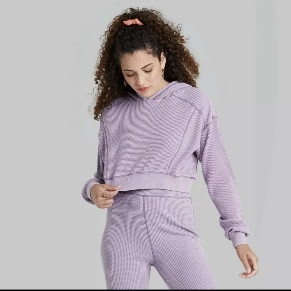 Wild Fable Women Purple Knit Cropped Waffle Knit Hoodie